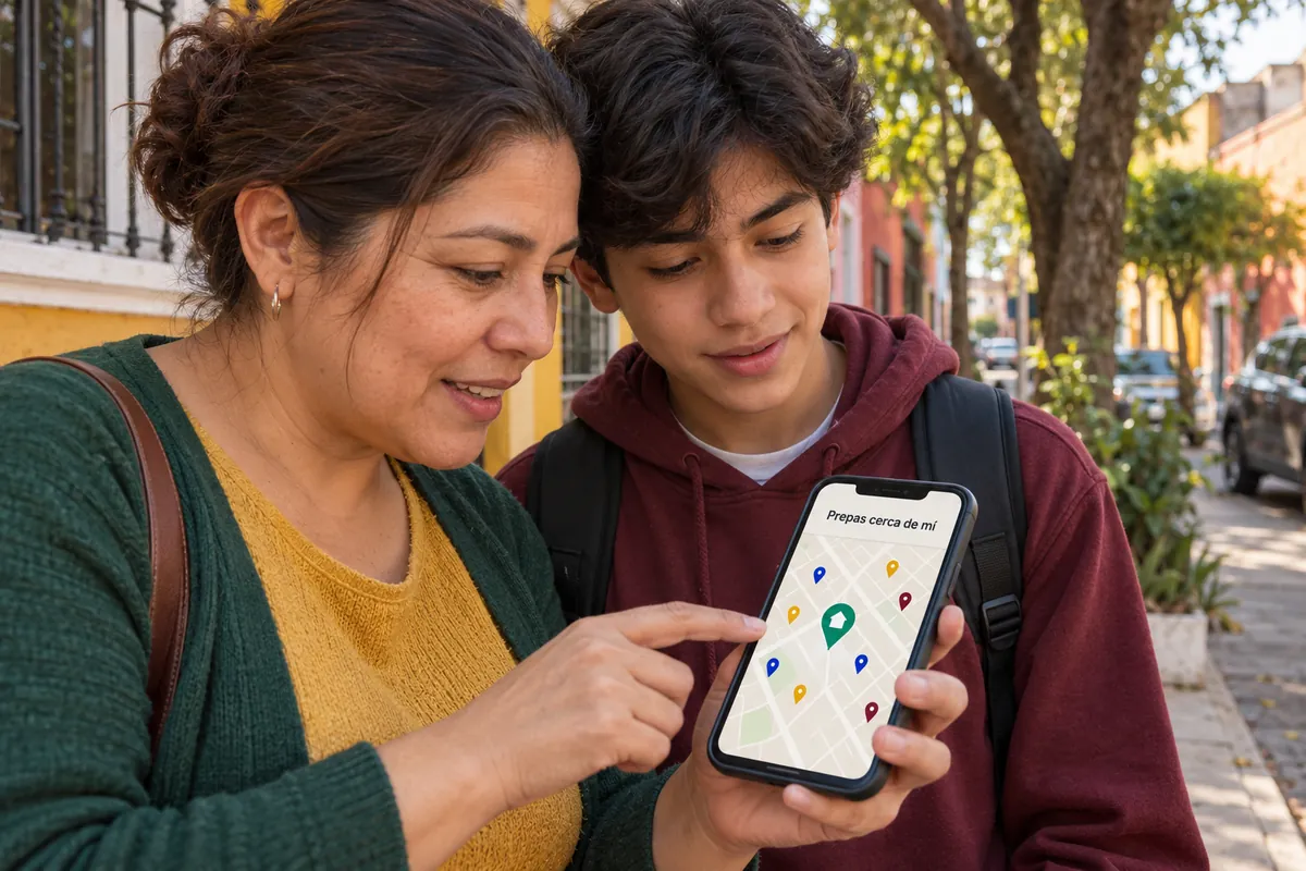 Mamá y su hijo buscan en el celular las prepas cerca de su casa para el ECOEMS
